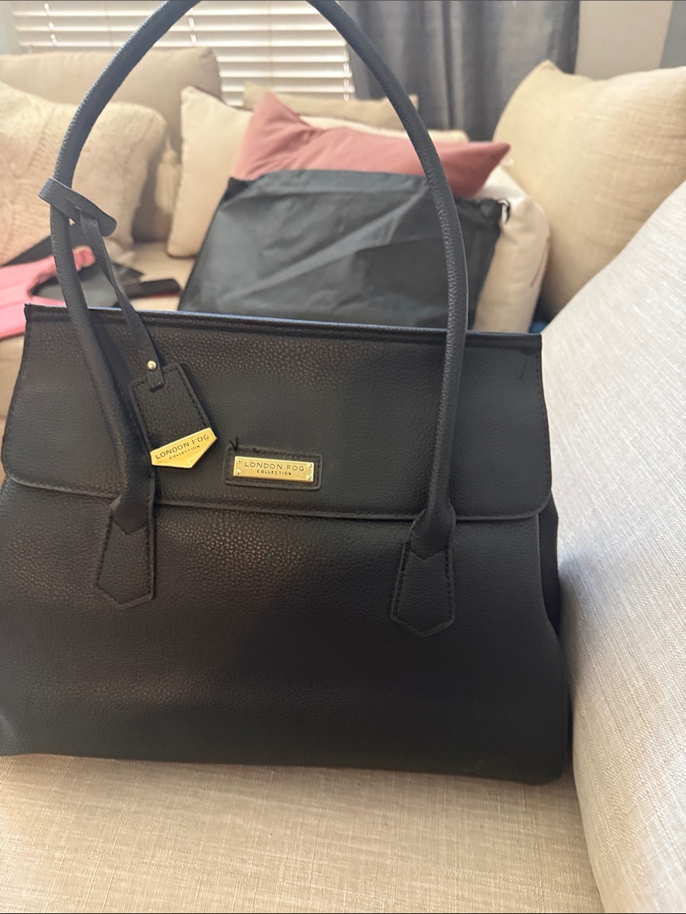 London Fog Black Pebbled Leather Top-Handle Shoulder Bag